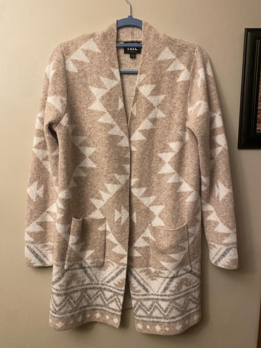 Frye Beige and Cream Aztec-Pattern Open Cardigan